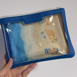 New Shiseido blue and clear vinyl beach-themed makeup bag/cosmetic travel bag